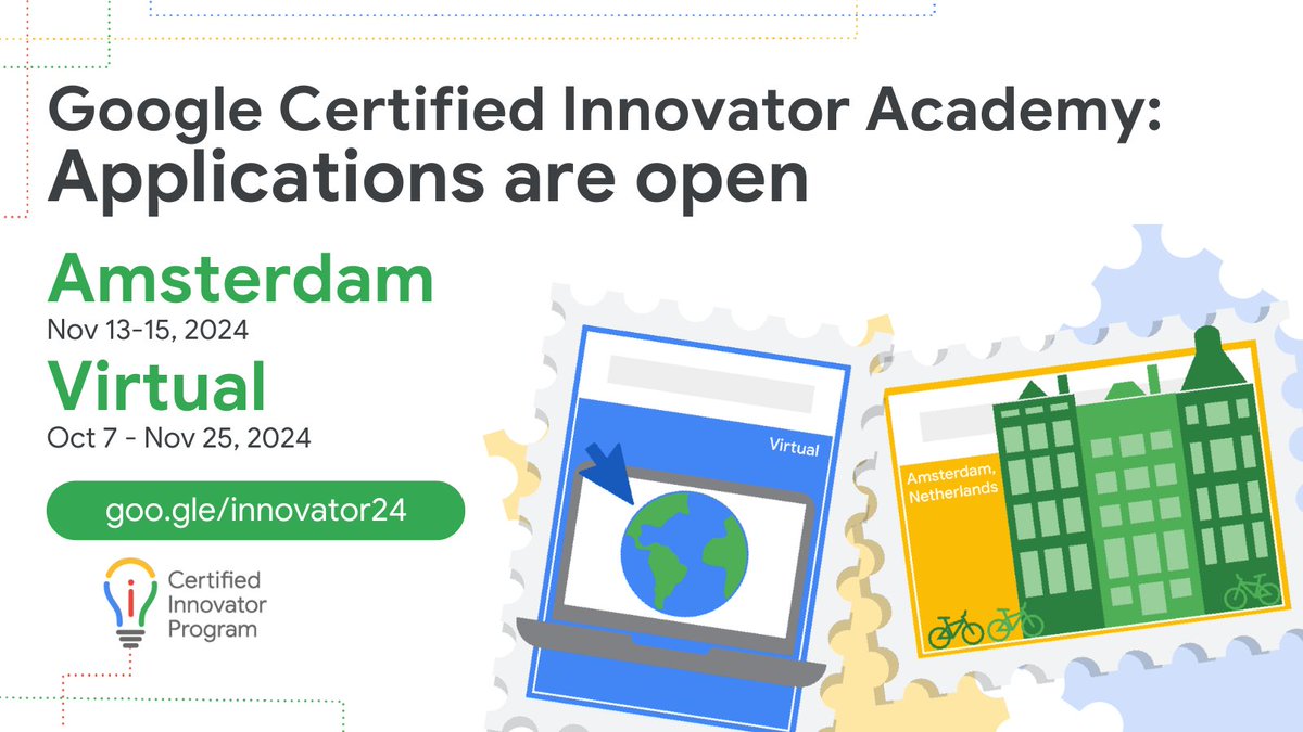 📢 Calling all passionate educators! Applications for the Google Certified Innovator Academies in Amsterdam & Virtual are NOW OPEN! Empower yourself & transform education. ➡️ Apply now goo.gle/innovator24 ➡️ Learn more rsvp.withgoogle.com/events/innovat… #GoogleEdu #GoogleChampions