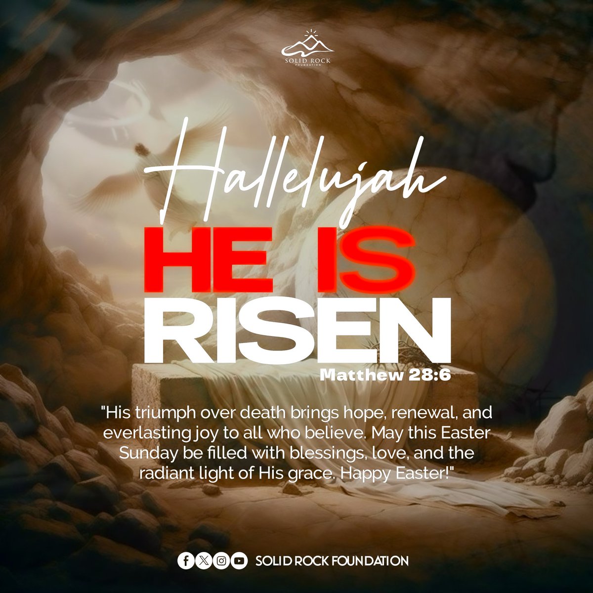 SolidRockFound_'s tweet photo. Hallelujah, Jesus Christ is Risen.

May the reason for the season be evident in your life and family in Jesus name.
Happy Easter!

#thearena 
#solidrockfoundation 
#happyeaster2024 https://t.co/FvqFCzrJ1Z