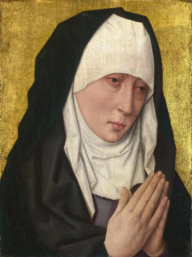 Londres, Galeria Nacional enfront d'un retaule de Dirk Bouts Mater dolorosa, segle XV Nostra Senyora dels Dolors Llàgrimes caient galtes avall en un rostre minuciós @Josepxorto