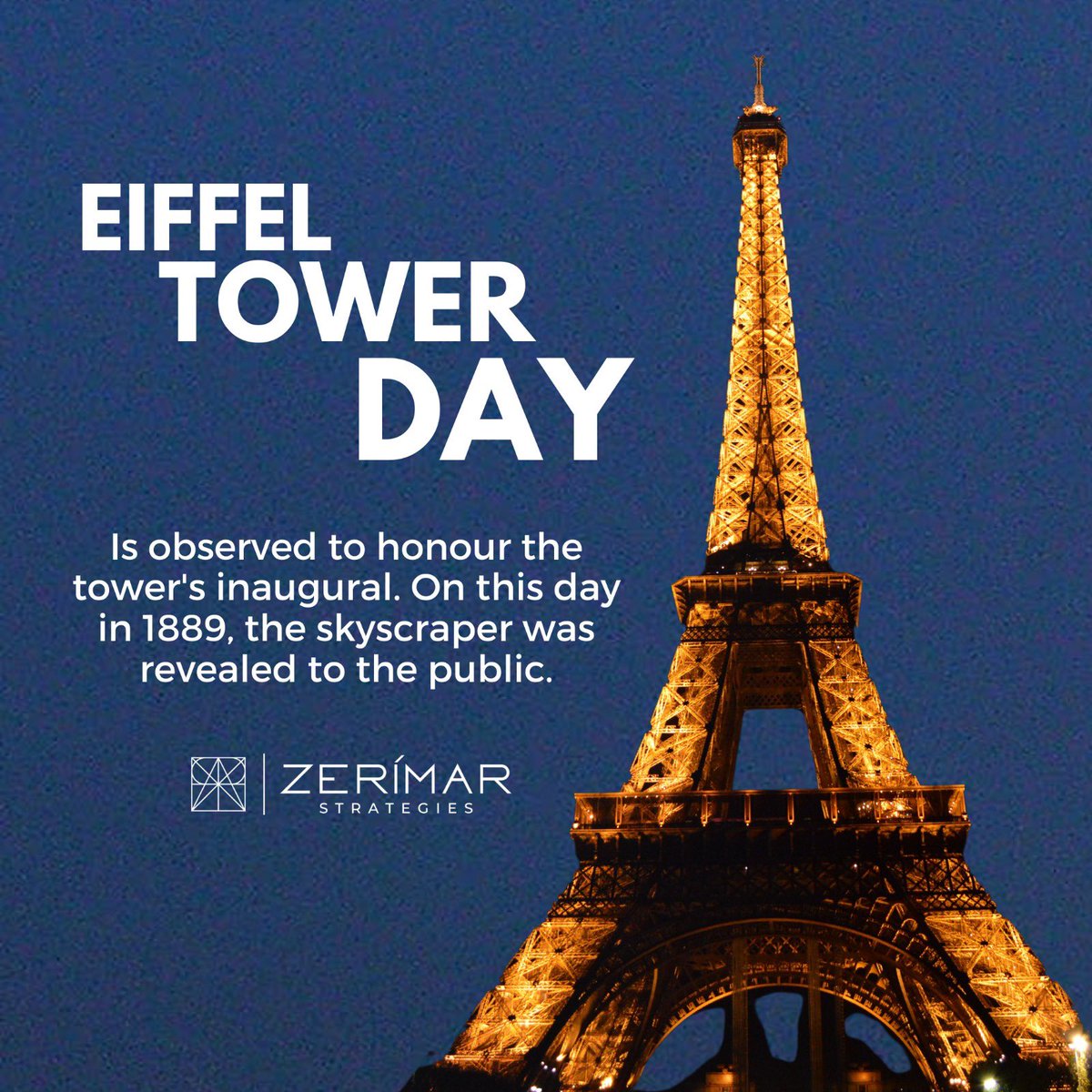 zerimar_01's tweet photo. Every year on March 31th, Eiffel Tower Day is observed to honour the tower's inaugural. On this day in 1889, the skyscraper was revealed to the public. And even after 134 years, this monument continues to charm thousands of tourists each day. https://t.co/LLf6xcDUQO