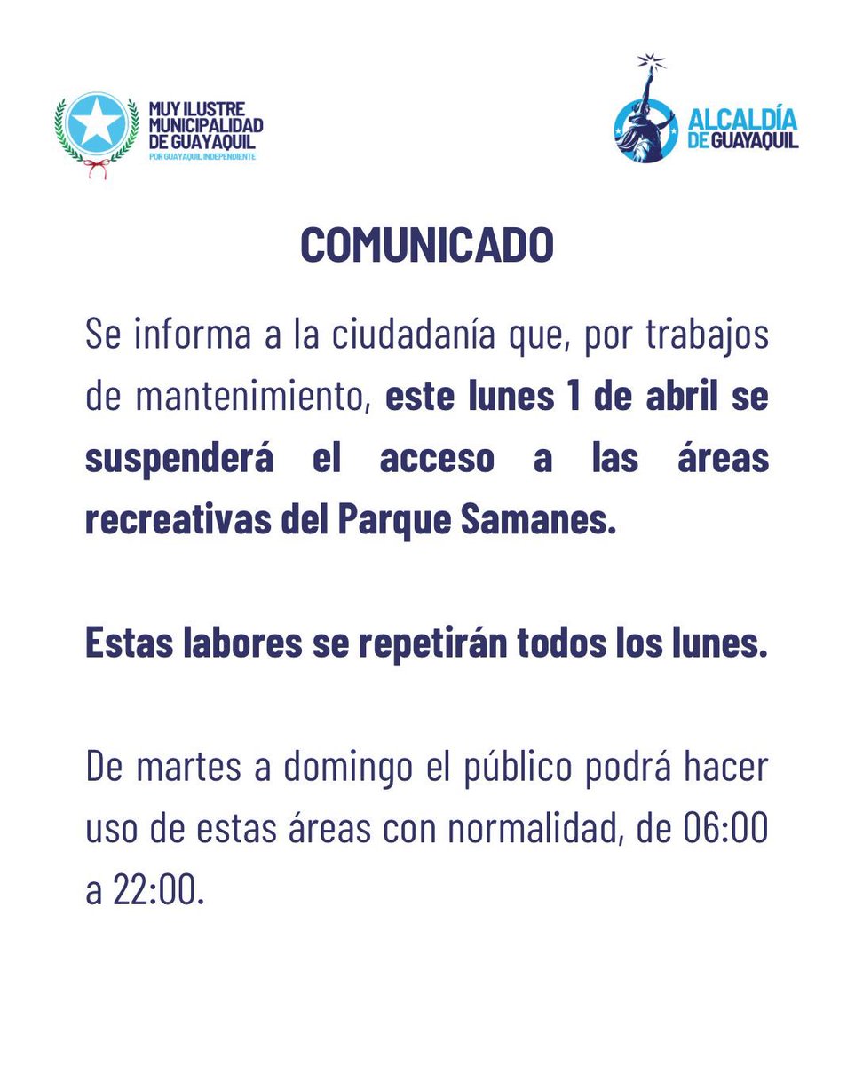 alcaldiagye's tweet photo. Informamos a la ciudadanía 
#MunicipioDeGuayaquil @aquilesalvarez https://t.co/qxL1niVr2W
