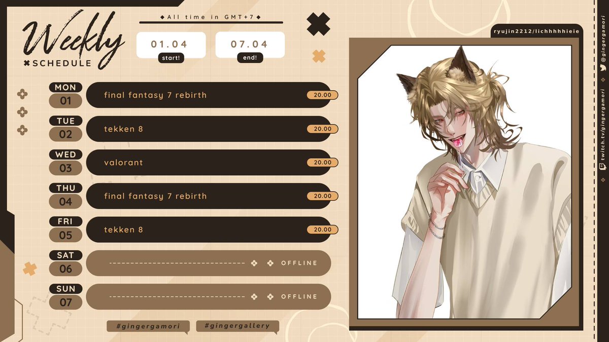 gingergamori's tweet photo. ✦Weekly schedule April 1 - 7✦
General: #gingergamori
Live: #gingergameri
Clip: #gingerGG
Art: #gingergallery
Food: #gingeroffering
Book: #gingeread
Fan name : me-o me-o https://t.co/T2XU32y9Tm