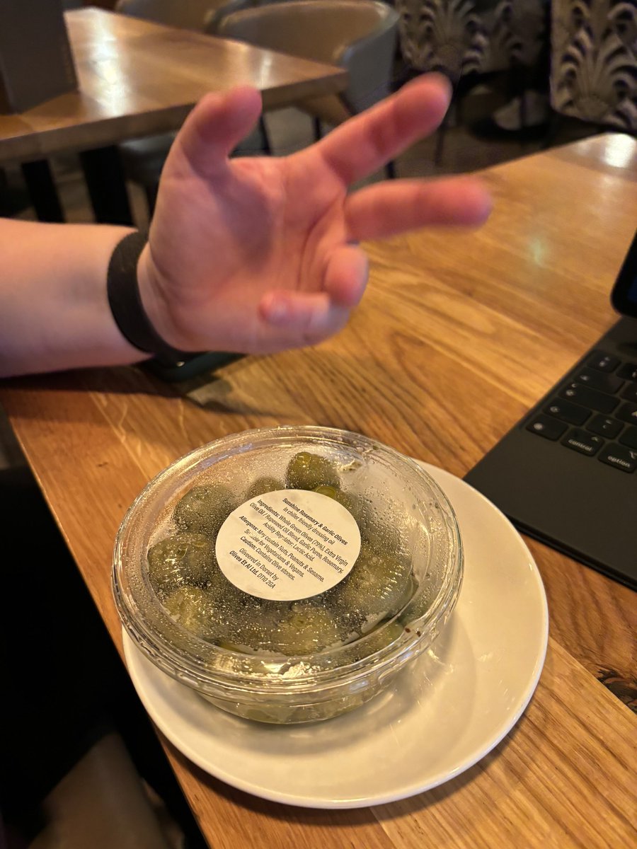 Ellssz's tweet photo. Not how I usually except my olives to be presented 
@allbarone #edinburghairport https://t.co/lSZswF96St