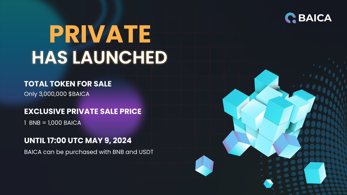 Baica_Official's tweet photo. 🚀 Private is currently available at #Baica.
You have until 17:00 UTC May 9 to purchase $BAICA tokens through a private sale on our website.
👉 https://t.co/GtrWqBRiWB
Price: 1 BNB = 1,000 BAICA
After that, there will be no way to buy tokens at launch price!
Stay tuned!!! https://t.co/dvNYLHwZId
