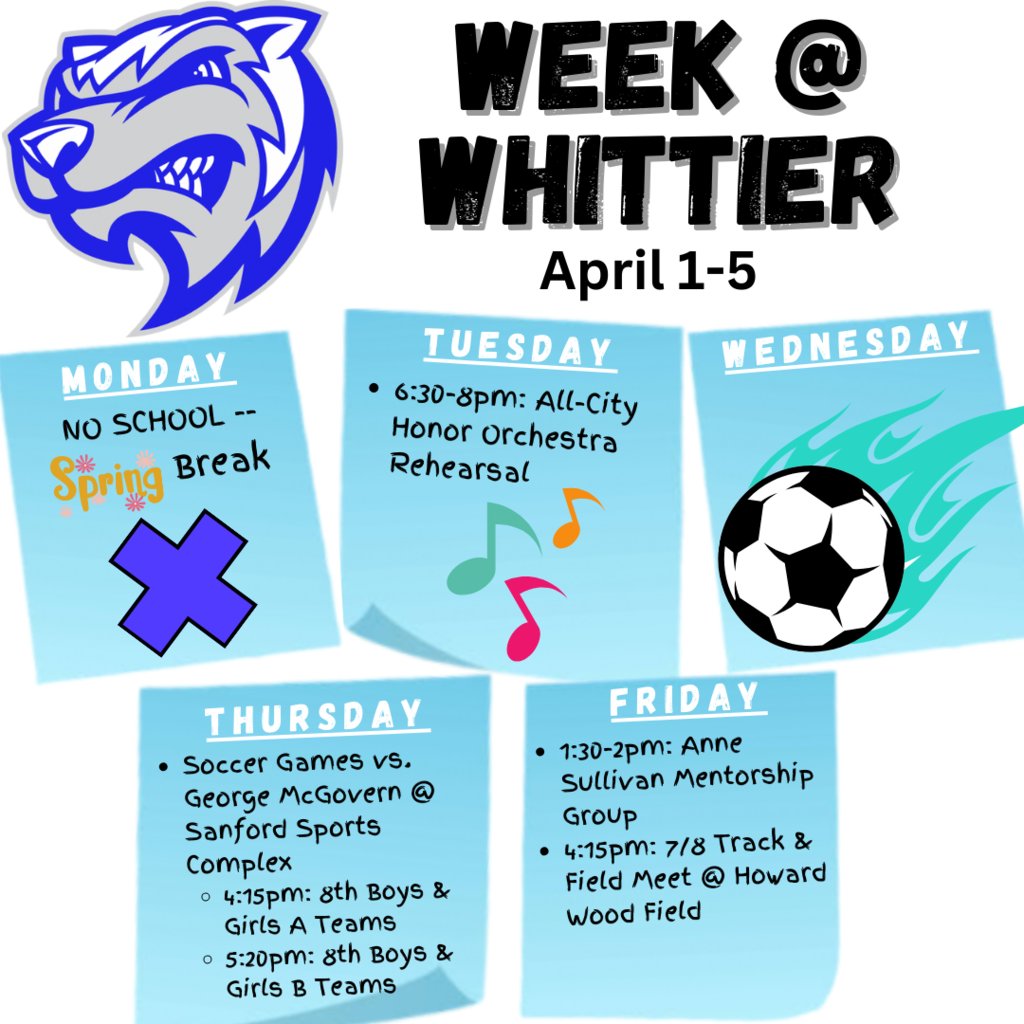 sfwhittierms's tweet photo. Welcome back from Spring Break, Whittier! π Get ready for track and soccer to "kick" off this week. β½ππ½ We can't wait to see you on Tuesday! #WeekAtWhittier https://t.co/4JC6GqhmGW