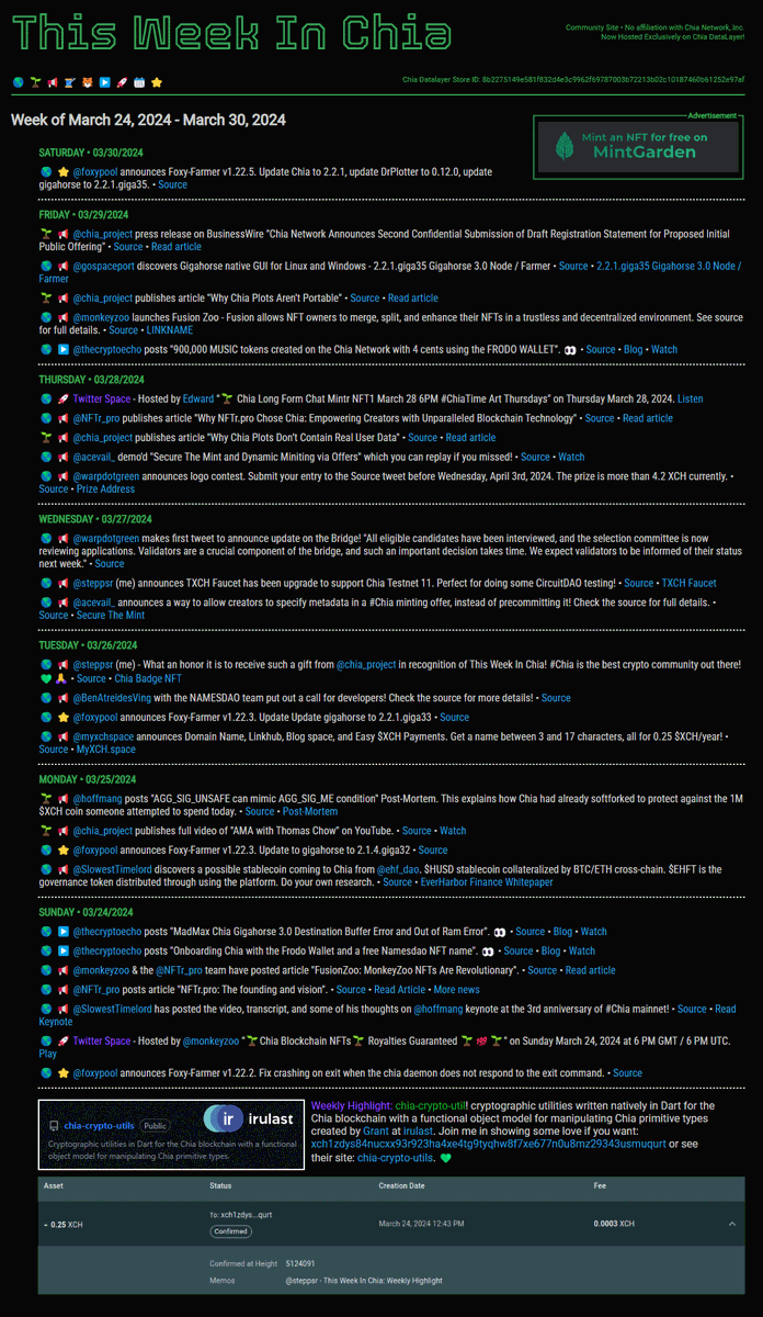 Hear ye, hear ye! Gather 'round, all you fine ladies and gents! This Week In Chia thisweekinchia.com is the hotspot for the freshest gossip and updates from the #Chia &amp; $XCH community. Don't miss out, or you'll be as out of date as yesterday's newsreel!

Last week's Weekly