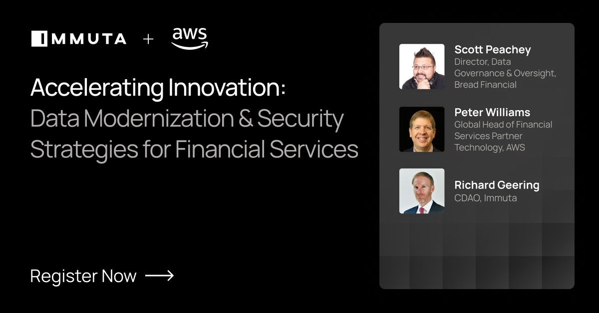Don't miss our webinar on 'Data Modernization in Financial Services' with experts from Immuta, @awscloud and @BreadFinancial. Learn about #AI integration, hybrid cloud management, and how de-risking data will accelerate new opportunities for success: ow.ly/51xL50R4yQZ