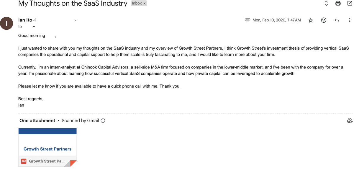 ian__ito's tweet photo. Still nothing. Now I’m thinking “shit, this is not going to work.” I knew I had to switch up my approach.

I tried something different on my third attempt.

Email 3:
I shifted the email from “all about me” to “Hey I think you would find this helpful.”

But more importantly, to SHOW and not just TELL when demonstrating value.

I even attached a slide deck about the industry and the firm.