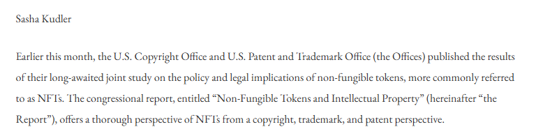 columbiajla's tweet photo. Check out a new JLA Beat post by staffer Sasha Kudler:
"NFTs Under the Legal Lens: Insights from the USCO’s &amp; USPTO’s New Report"
https://t.co/eBLSneJbzE https://t.co/DrFkXDUuAx