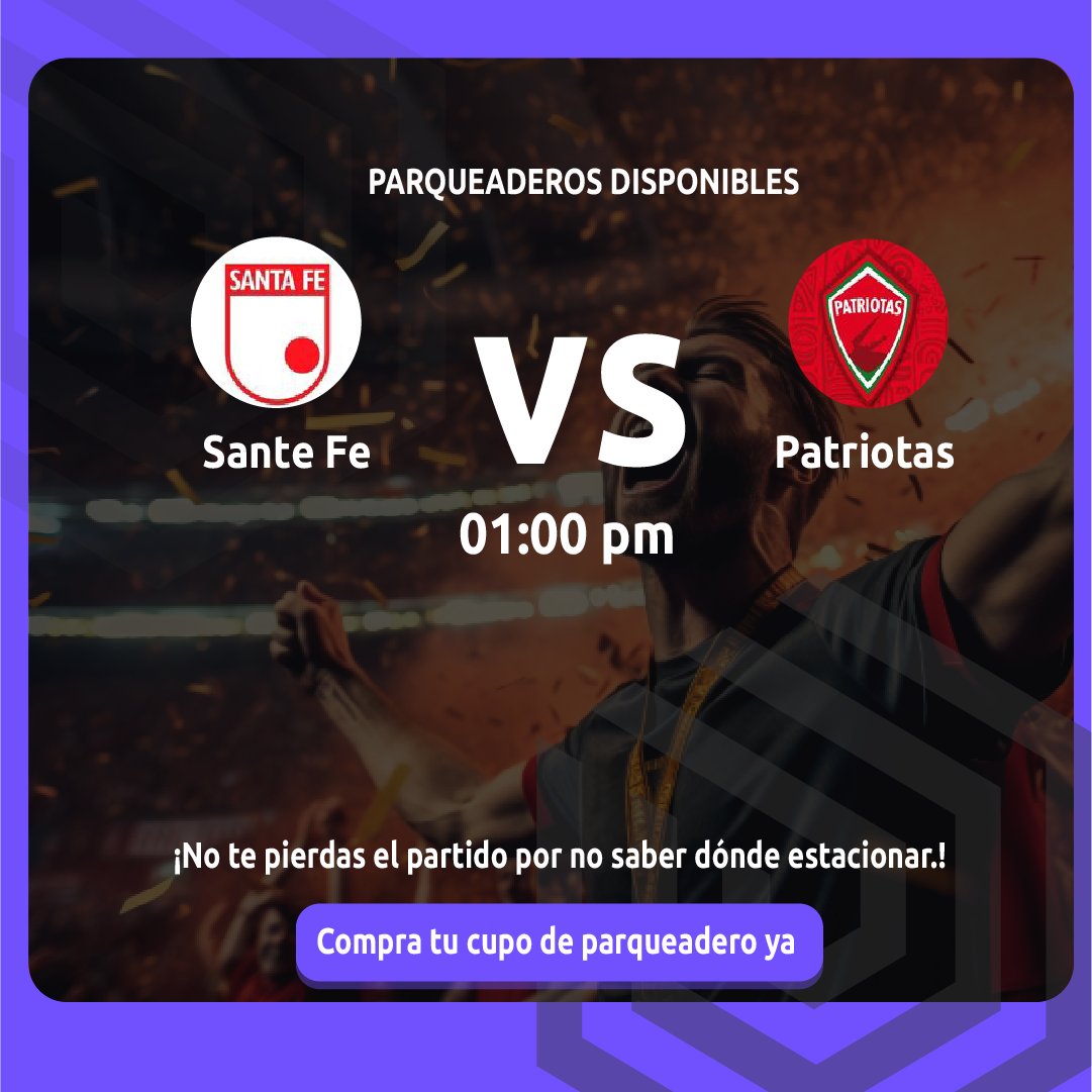 ¿Listos para vibrar con el partido de hoy? ¡En RedParking tenemos la solución para que no te pierdas ni un solo minuto! ¿Qué mejor manera de disfrutar del encuentro entre  Santa Fe y Patriotas que teniendo tu cupo de parqueadero asegurado en redparking.co?  ⚽🚗🏟️