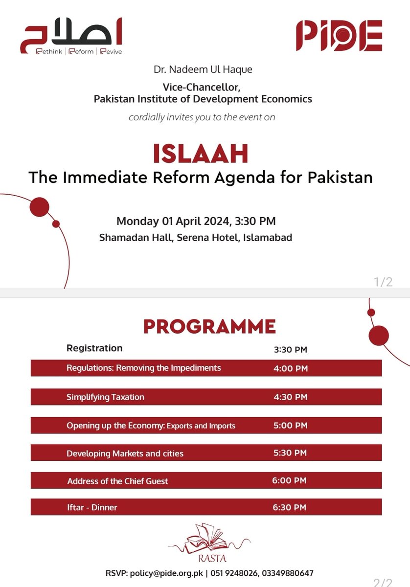 <a href="/PIDEpk/">Pakistan Institute of Development Economics (PIDE)</a> is organising an important event to discuss 
"#ISLAAH: The Immediate Reform Agenda for #Pakistan" tomorrow, Monday 1st April at 4:00 pm PST

Join us on Zoom:
us06web.zoom.us/j/84658328343?…
Meeting ID: 846 5832 8343
Passcode: 203159

<a href="/nadeemhaque/">Nadeem Haque</a> <a href="/betterpakistan/">Ahsan Iqbal</a> <a href="/PlanComPakistan/">Ministry of Planning and Development</a>