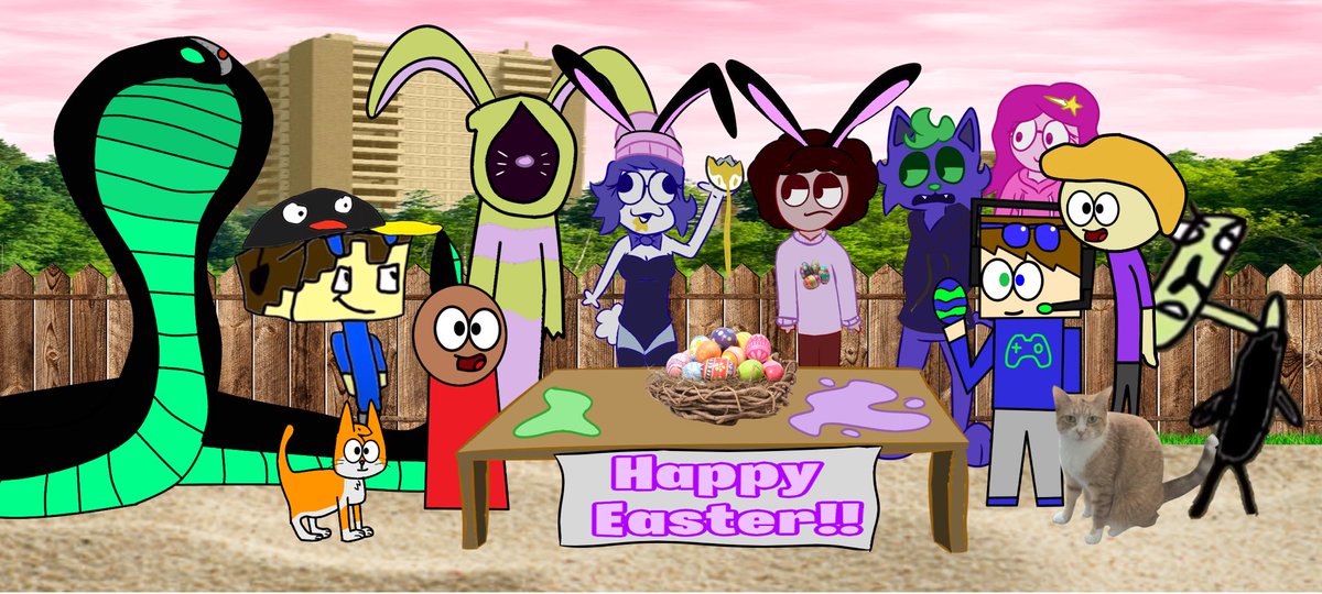 99_Network's tweet photo. It seems today that our beloved 99 Network characters have decided to have a little (NON CANON) Crossover to celebrate the special day in which we call Easter.  Paint eggs, spend time with family and friends, or sleep in, us at 99 Network Studios wishes you all a fabulous Easter! https://t.co/D6311bMOj9