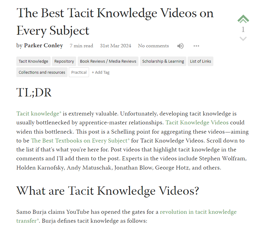 I just published an LW post in an attempt to aggregate 'Tacit Knowledge Videos' Check out the list in the post if curious and please share videos of this type in the post comments!