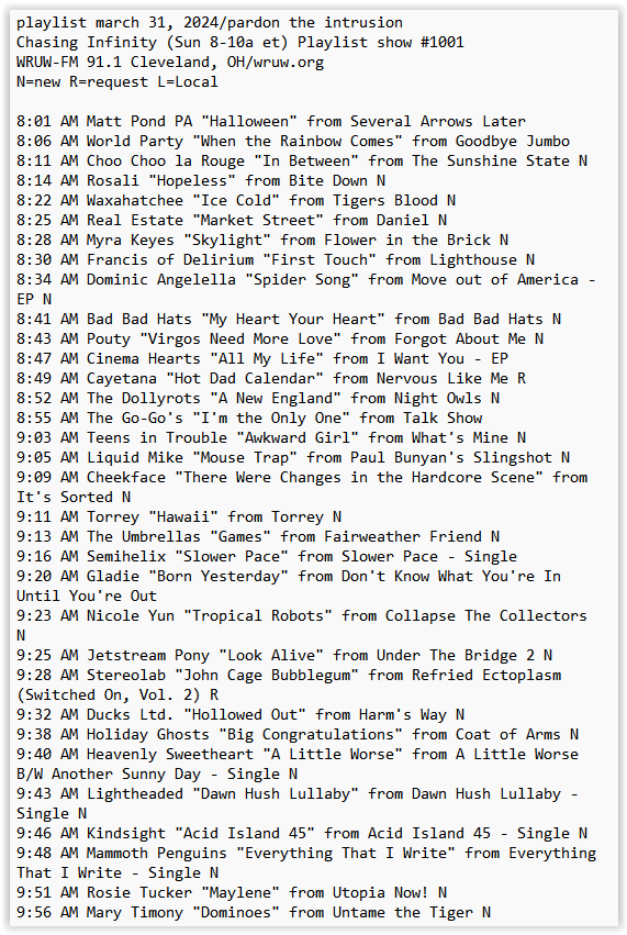 my @WRUW playlist this am ft @mattpondpamusic @rosalimusic @realestateband @frantowndeli @drgnkingDOM @BadBadHats @pouty__official @cinema_hearts @nicoleyunmusic @teensintrouble @liquidmikeband @cheekfaceREAL @theumbrellassf @Semihelix @jetstream_pony @ghosts_holiday +more ⬇️