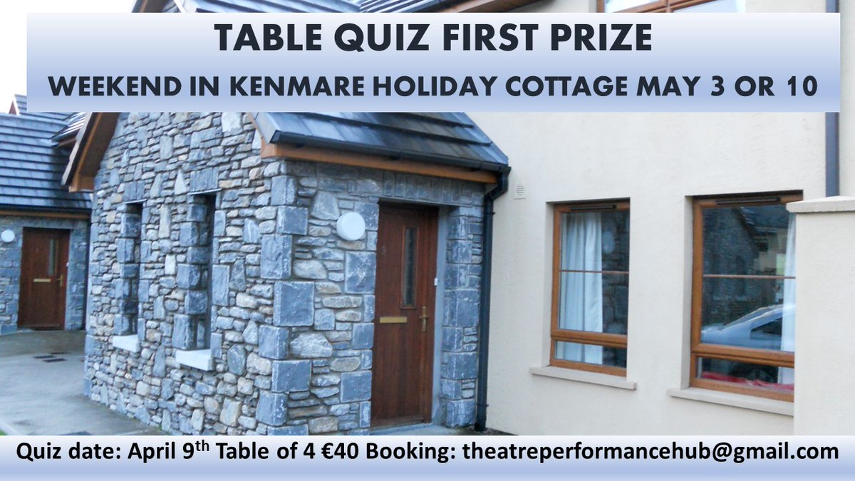 The Gaff (@thegafflimerick) on Twitter photo Overall table quiz winners on April 9 can look forward to a weekend in this lovely holiday cottage in Kenmare on May 3rd or 10th. The house is located 15 mins walk from the centre of the town and 5 mins from Kenmare Bay Hotel. E: theatreperformancehub@gmail.com for quiz booking. Overall table quiz winners on April 9 can look forward to a weekend in this lovely holiday cottage in Kenmare on May 3rd or 10th. The house is located 15 mins walk from the centre of the town and 5 mins from Kenmare Bay Hotel. E: theatreperformancehub@gmail.com for quiz booking.