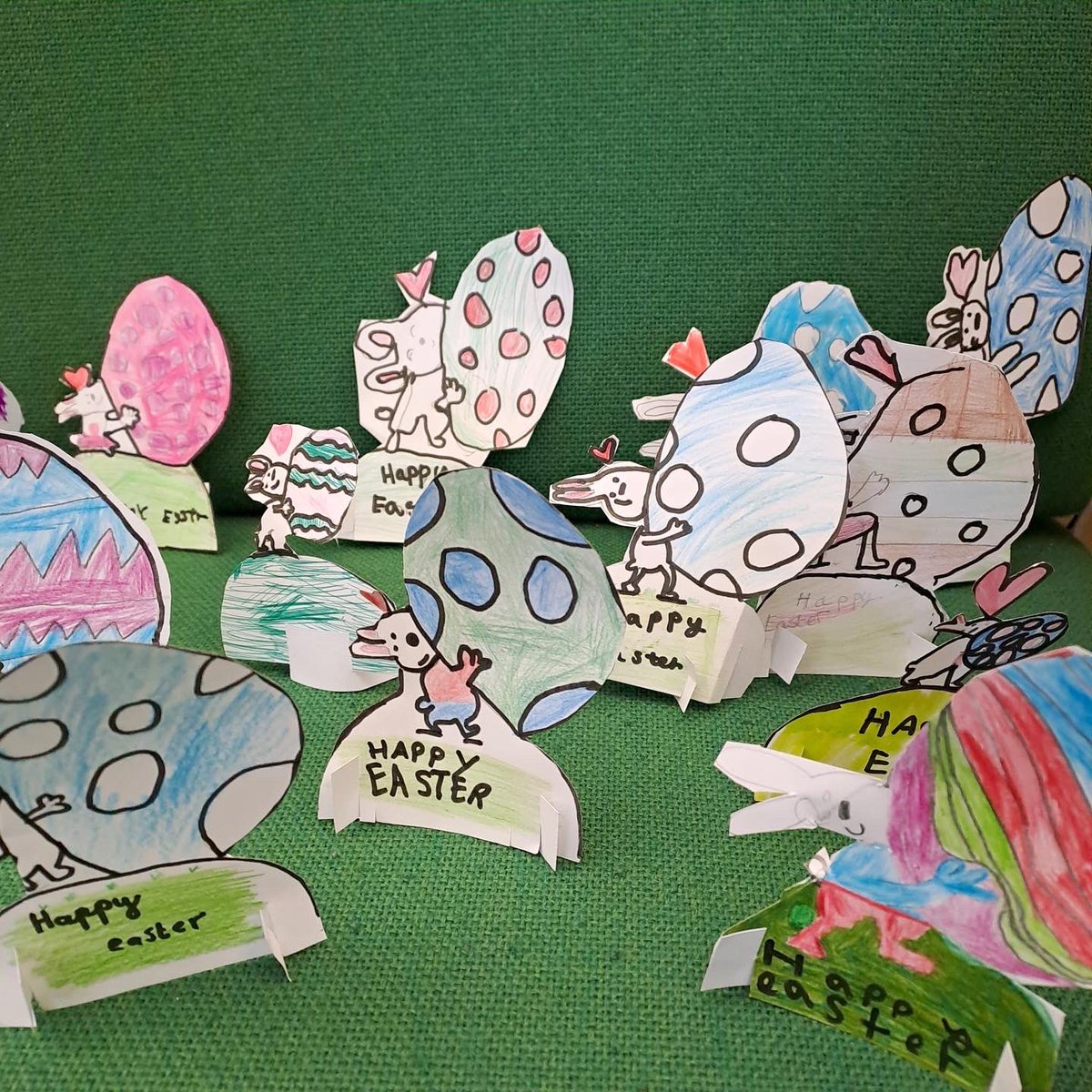 davidvallade's tweet photo. I love these year 3 Happy Easter cards the children made at the end of term based on my illustration. Have a crackin’ Easter! https://t.co/O4RfJC1Luv