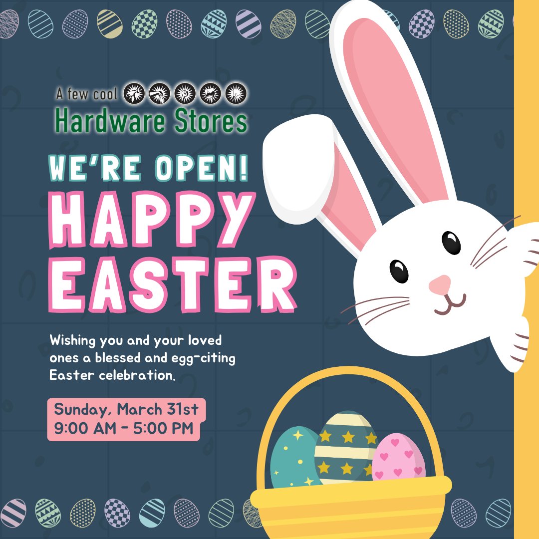 FairfaxAce's tweet photo. Hoppy Easter! 🐇 Get egg-cited, Fairfax Ace Hardware is open today, Sun. March 31st! Shop with us until 5pm to fill your Easter basket 🌸🌼
.
.
.
#easter #storehours #holidayhours #washingtondc #dmv #maryland #nova #aceistheplace #mylocalace https://t.co/UnMsZAuaeF