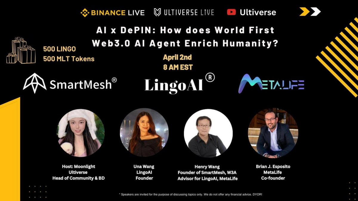 📽️Get ready to join our Binance Live! Webcast on X Space!

🚀Dive into the thrilling DePIN x AI conversation between our CEO <a href="/UnaWCX/">Una Wang</a> and Web3.0 pioneers <a href="/HenryWang2021/">Henry Wang</a>, <a href="/brianjesposito/">Brian J. Esposito</a>: How the World's First Web3.0 AI Agent Enriches Humanity.

⏰April 2nd, 20:00 (GMT+8),
🎙️Hosted