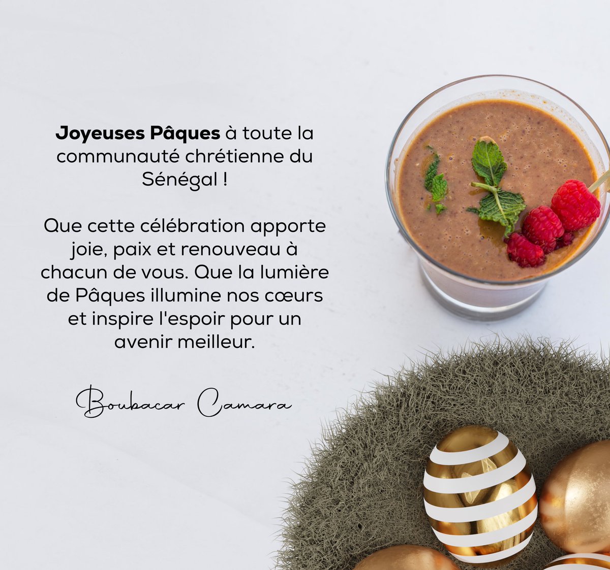 Boubacarcamou's tweet photo. Joyeuses Pâques à toute la communauté chrétienne du Sénégal.
Que cette célébration apporte joie, paix et renouveau à chacun de vous.
Que la lumière de Pâques illumine nos cœurs et inspire l'espoir pour un avenir meilleur. 🌟🐣
#Pâques #Sénégal #BoubacarCamara https://t.co/ngyTbbYKVE