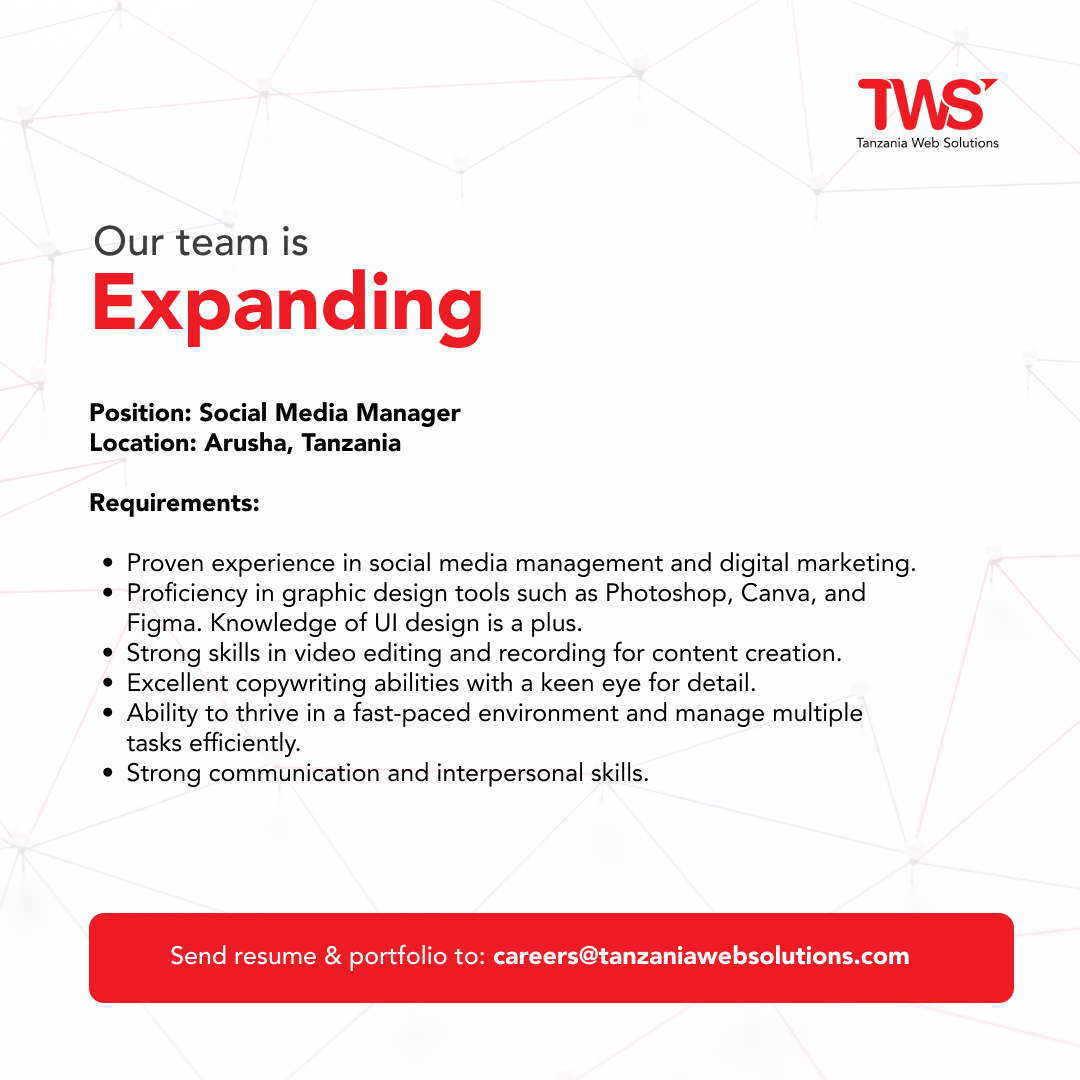 henrtz2050's tweet image. Time to drop those resumes &amp;amp; portfolios 💯

Email: careers@tanzaniawebsolutions.com

--
#JoinOurTeam #NowHiring #DynamicWorkplace #CreativeOpportunity #JoinTWS #ExpandingTeam #CareerOpportunity #DreamJob #TWSTeam #WorkWithPassion
#tanzania #marketingintanzania #digitalagency