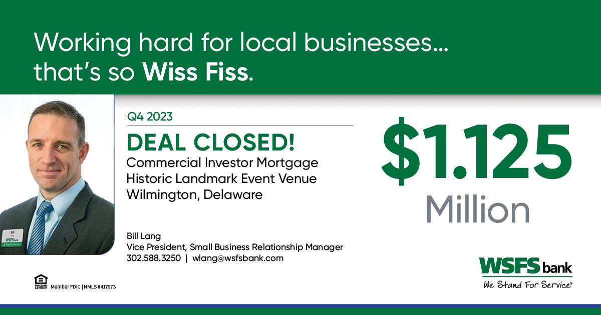 #WSFS’ Bill Lang recently closed a $1.125 million commercial investor mortgage for a historic landmark event venue in Wilmington, DE! Check out how our local lenders can help your business grow: bit.ly/422QAbE