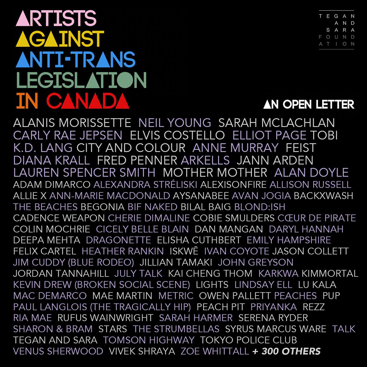 Today on #TransgenderDayofVisibility, the @teganandsarafdn announces an Open Letter: Artists Against Anti-Trans Legislation in Canada, signed by more than 400 artists living in or hailing from Canada. teganandsarafoundation.org/open-letter