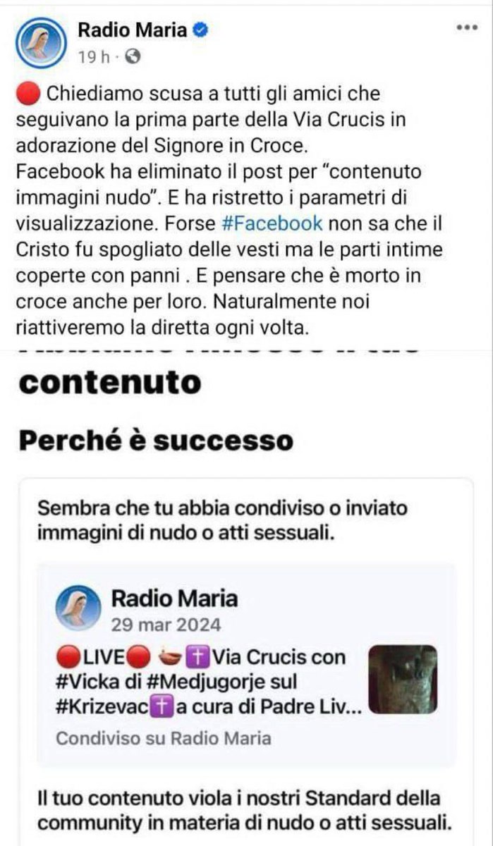 ilpolitico_web's tweet photo. Quello che è successo ha dell’incredibile.
La #ViaCrucis di #RadioMaria è stata censurata da #Faceboook per immagini di nudo, il nudo era Cristo in croce. https://t.co/1VZCmAwH3l