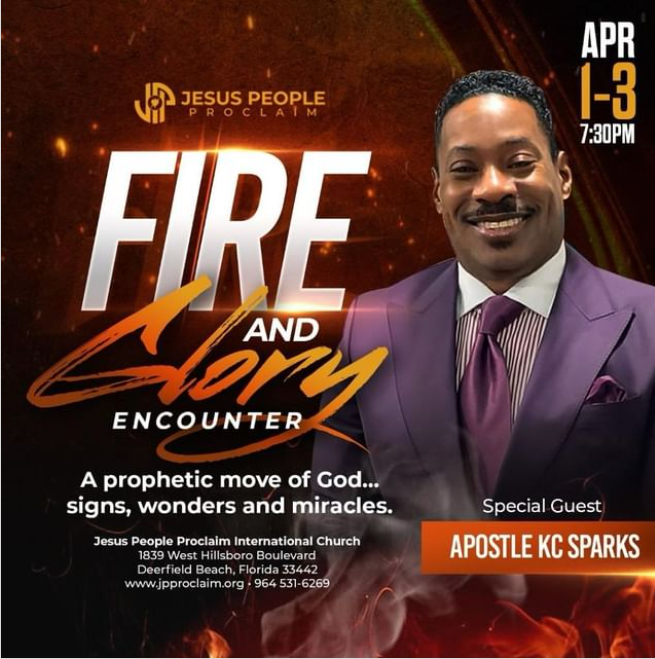 🚨SAVE THE DATE: Monday, April 1st until Wednesday, April 3rd 2024 Join Jesus People Proclaim for a FIRE & GLORY Encounter with special guest: Apostle KC Sparks back for a moment of REVIVAL. A prophetic move of God. #jpp #jpproclaim #iambillythompson #apostlecynthiathompson