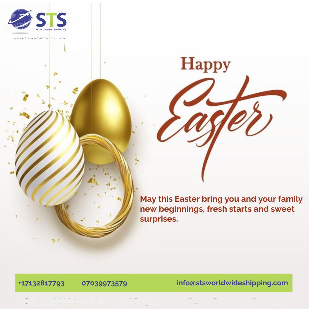 Happy Easter! May this Easter bring you and your family new beginnings, fresh starts and sweet surprises. We remain your trusted reliable logistics service provider.
#happyeaster #logistics  #airfreight #seafreight #shippingandhandling  #stsworldwideshipping #seamlessshipping