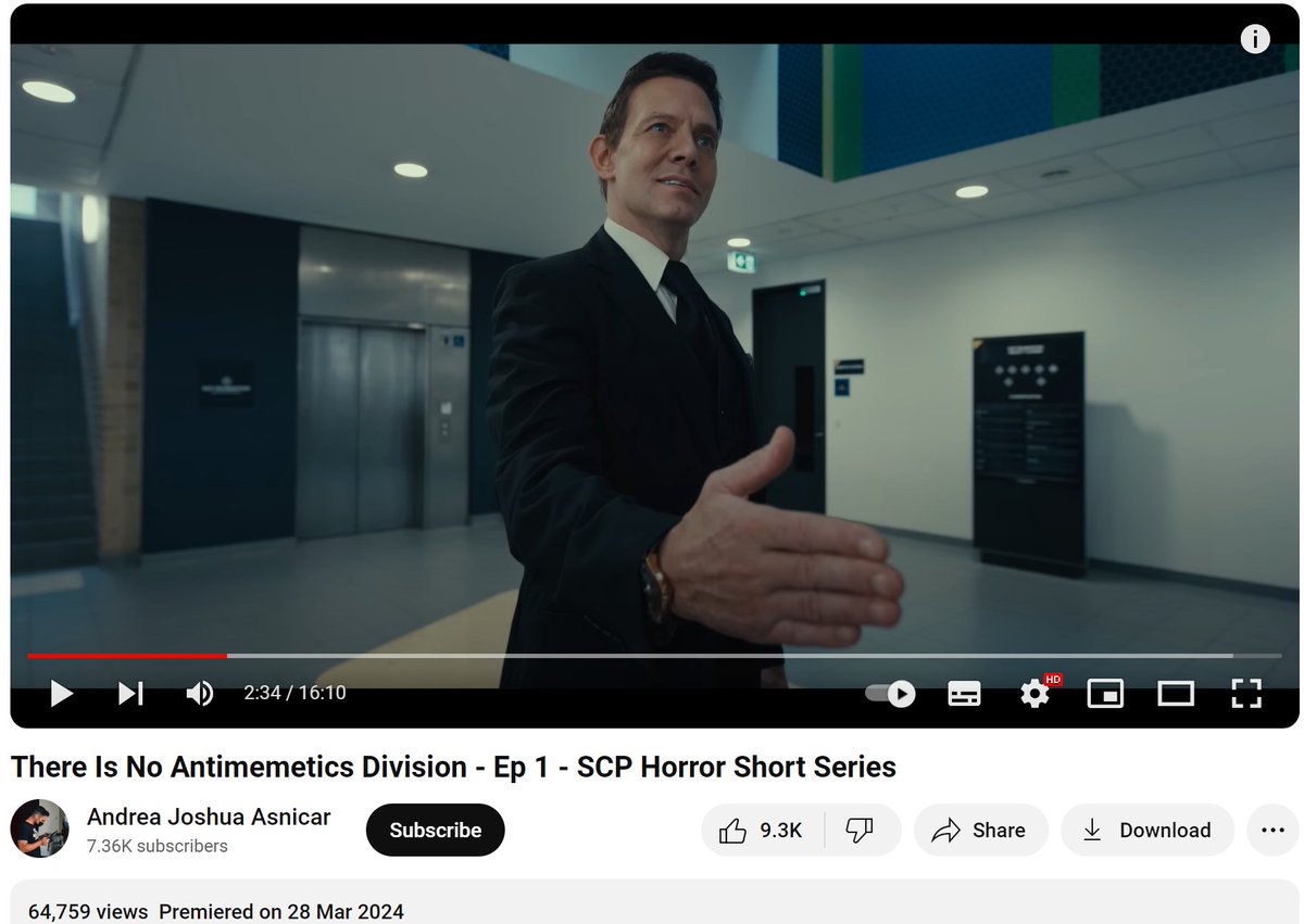 goddamn, this is maybe some of the best SCP content I've ever seen. The acting, simple sets and cinematography really punch way above whatever the budget for this must have been. shocked it only has 64k views honestly link below cause twitter hates tweets with links