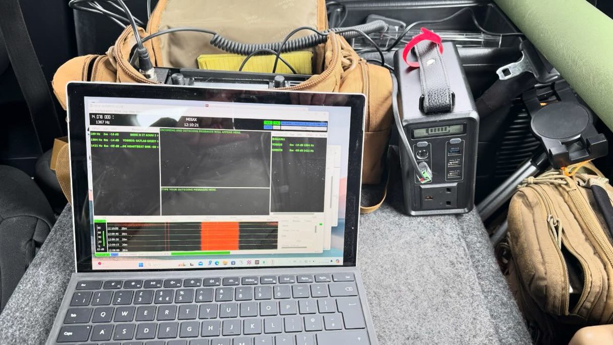 Out in the car on #JS8Call 20m with the @icom_uk #ic705 with @m1eccantennas #slidewinder coil and multi section whip and my Microsoft surface pro.