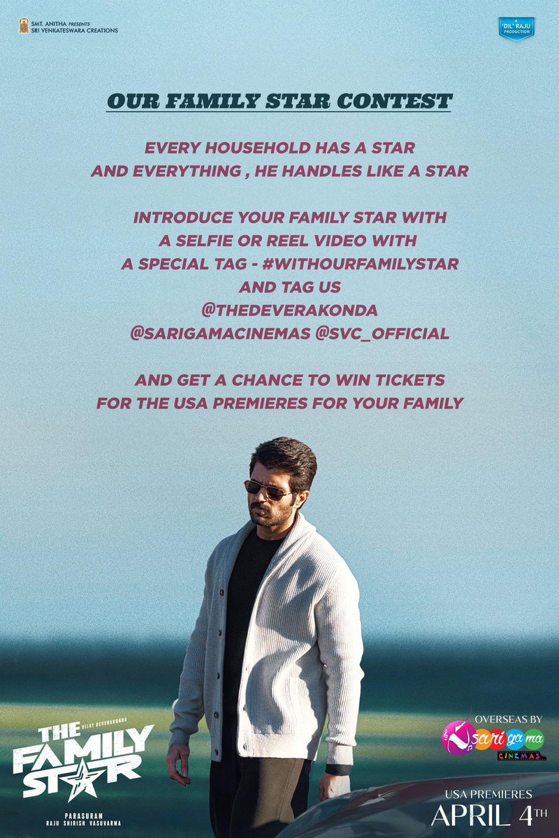 SureshPRO_'s tweet photo. .@sarigamacinemas - USA 🇺🇸
Here’s the chance to win exclusive Premiere tickets for #FamilyStar
Participate in #WithOurFamilyStar contest and tag us @sarigamacinemas @thedeverakonda @svc_official
USA Premieres on April 4th 🥳
Bookings open now 🎟️ https://t.co/sqeYhn4y1a