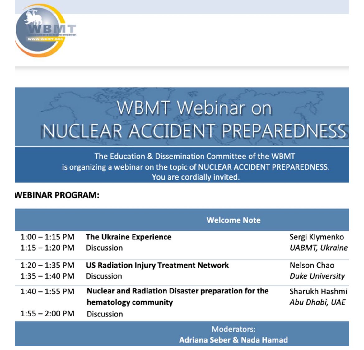 Damiano Rondelli (@damianorondell1) on Twitter photo Timely and important WBMT webinar on Nuclear Accident Preparedness on Wed April 3. Please register if interested:
us02web.zoom.us/webinar/regist… .
Or go to the home page wbmt.org <a href="/ASTCT/">ASTCT</a> <a href="/AnnaSureda5/">Anna Sureda</a> <a href="/LABMT2/">LABMT</a> @BldCancerDoc <a href="/NazarShokun/">Nazar</a> <a href="/Poudyalbishesh/">Bishesh Poudyal</a> <a href="/TheEBMT/">The EBMT</a> Timely and important WBMT webinar on Nuclear Accident Preparedness on Wed April 3. Please register if interested:
us02web.zoom.us/webinar/regist… .
Or go to the home page wbmt.org <a href="/ASTCT/">ASTCT</a> <a href="/AnnaSureda5/">Anna Sureda</a> <a href="/LABMT2/">LABMT</a> @BldCancerDoc <a href="/NazarShokun/">Nazar</a> <a href="/Poudyalbishesh/">Bishesh Poudyal</a> <a href="/TheEBMT/">The EBMT</a>