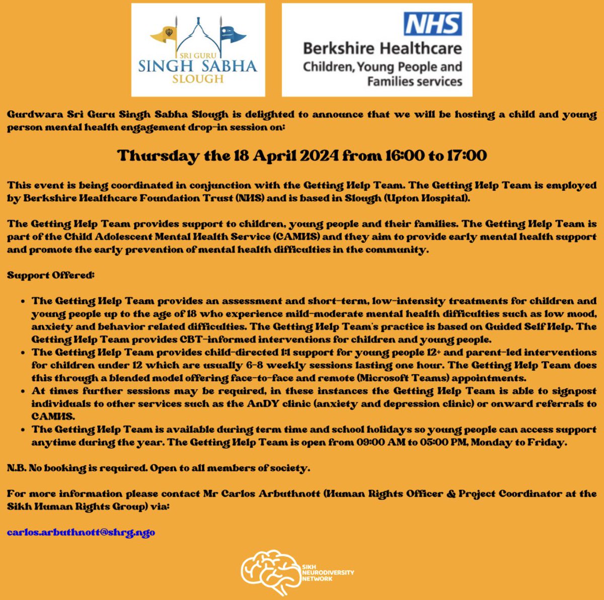 Sikh Human Rights Group (@shrg_ngo) on Twitter photo No booking is required. Open to all members of society.
For more information please contact Mr Carlos Arbuthnott (Human Rights Officer & Project Coordinator at the Sikh Human Rights Group) via:
carlos.arbuthnott@shrg.ngo
#slough #camhs #mentalhealth #child #parenting No booking is required. Open to all members of society.
For more information please contact Mr Carlos Arbuthnott (Human Rights Officer & Project Coordinator at the Sikh Human Rights Group) via:
carlos.arbuthnott@shrg.ngo
#slough #camhs #mentalhealth #child #parenting
