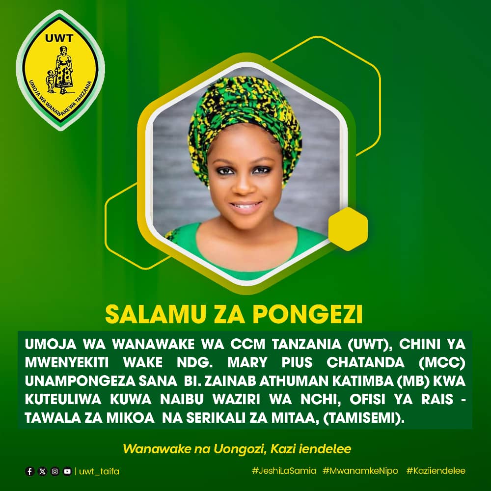 📌 *SALAMU ZA PONGEZI* 

🗓️ _31/3/2024_

Binafsi nakupongeza sana Mhe. Zainab Athuman Katimba (MB) kwa kuaminiwa na Rais kusimamia majukumu ya Naibu Waziri,Ofisi ya Rais-Tawala za Mikoa na Serikali za Mitaa (TAMISEMI). Hongera Sana Mwana wa Kigoma. Mungu akupe Nguvu na Maarifa.
