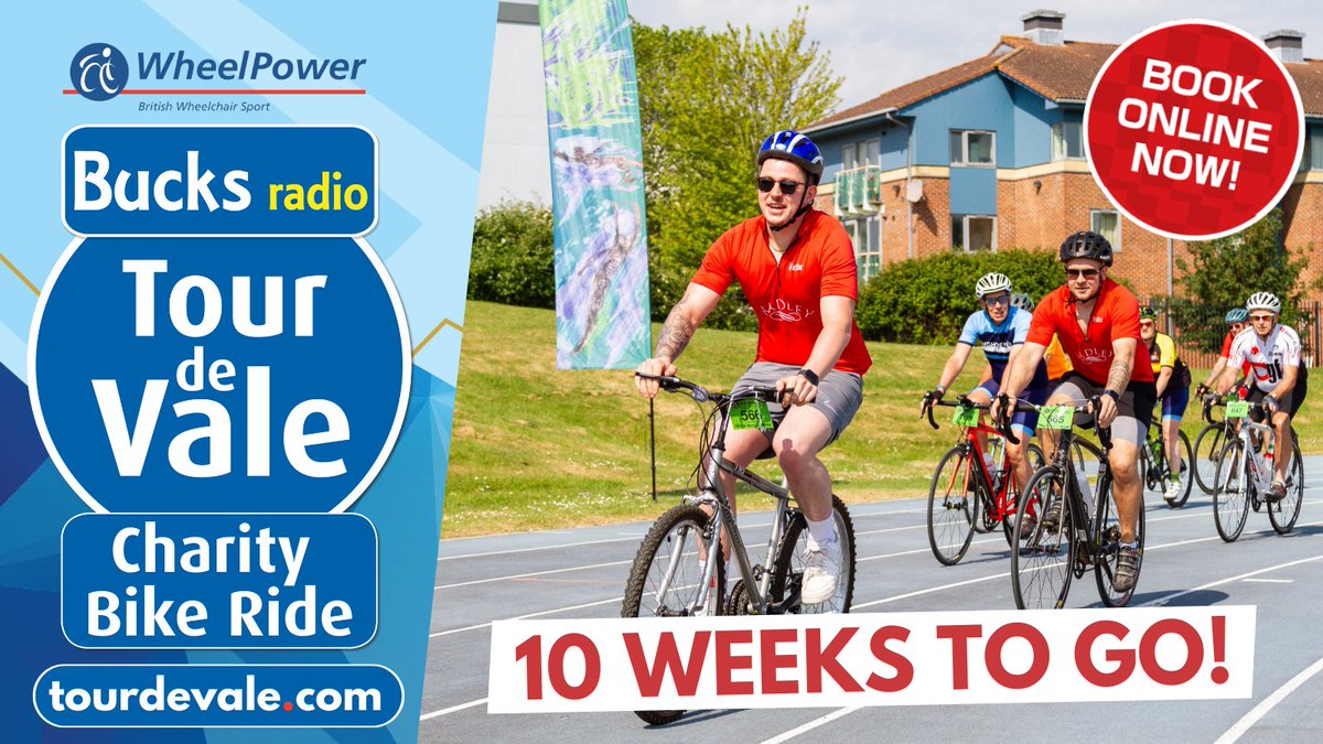 10 WEEKS TO GO! 🚴‍♀️ Buckinghamshire's biggest charity bike ride, the Tour de Vale is back on Sunday 9 June and you are invited. Choose from 25, 75 & 110km routes and enjoy cycling with your family and friends. SIGN UP TODAY 🚴‍♂️ tourdevale.com #TourdeVale #WheelPower