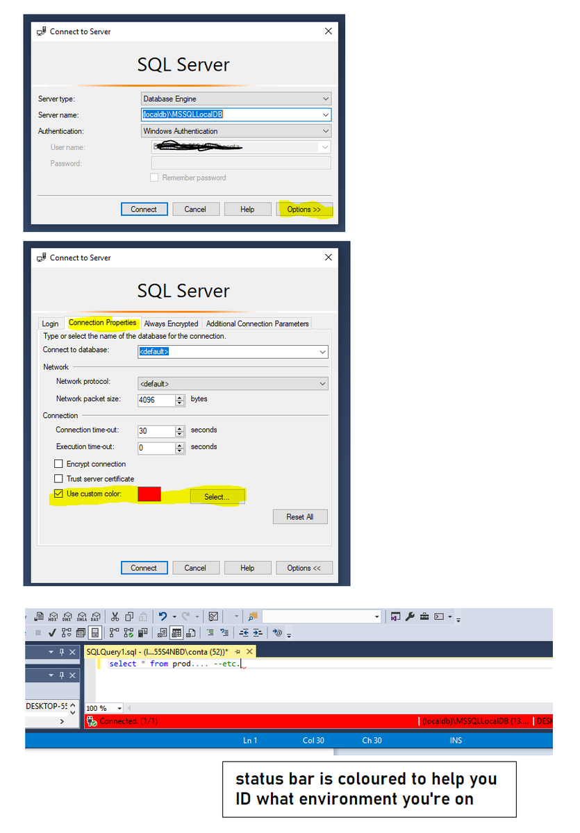 Dave_DotNet's tweet photo. Set colour of status bar in SSMS  💡

In SQL Server Management Studio we can set the colour of the status bar when we’re connecting to a particular DB.

This is useful to distinguish between different environments such as DEV, UAT, PROD etc. and should decrease the chances of us doing something silly on the wrong DB environment.

#dotnet #sql