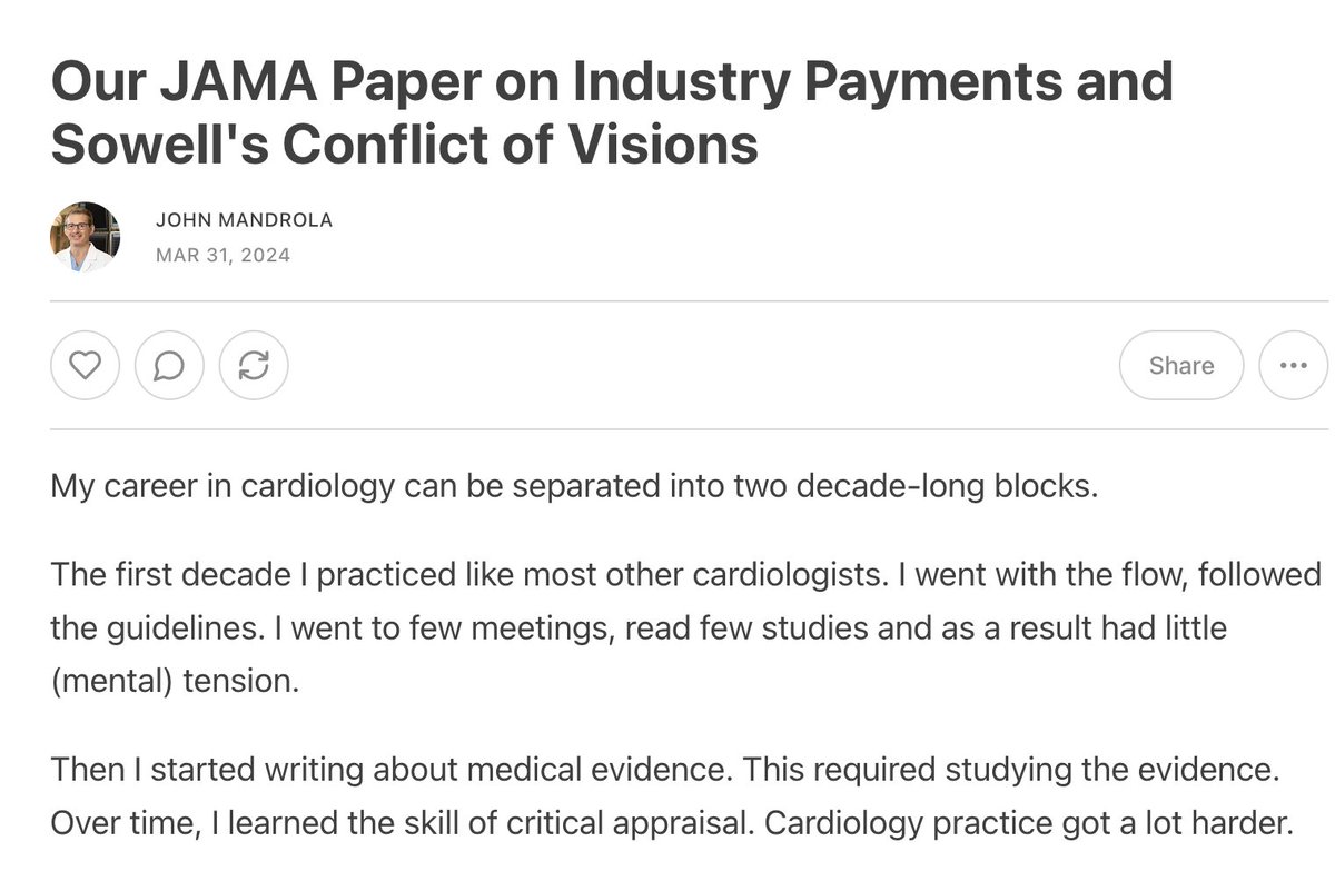 My thoughts on our recent JAMA paper on industry influence and Sowell's Conflict of Visions johnmandrola.substack.com/p/our-jama-pap… Thanks @AndrewFoy82 @jsross119 @ASayedMD and Dr. Lisa Soleymani Lehmann