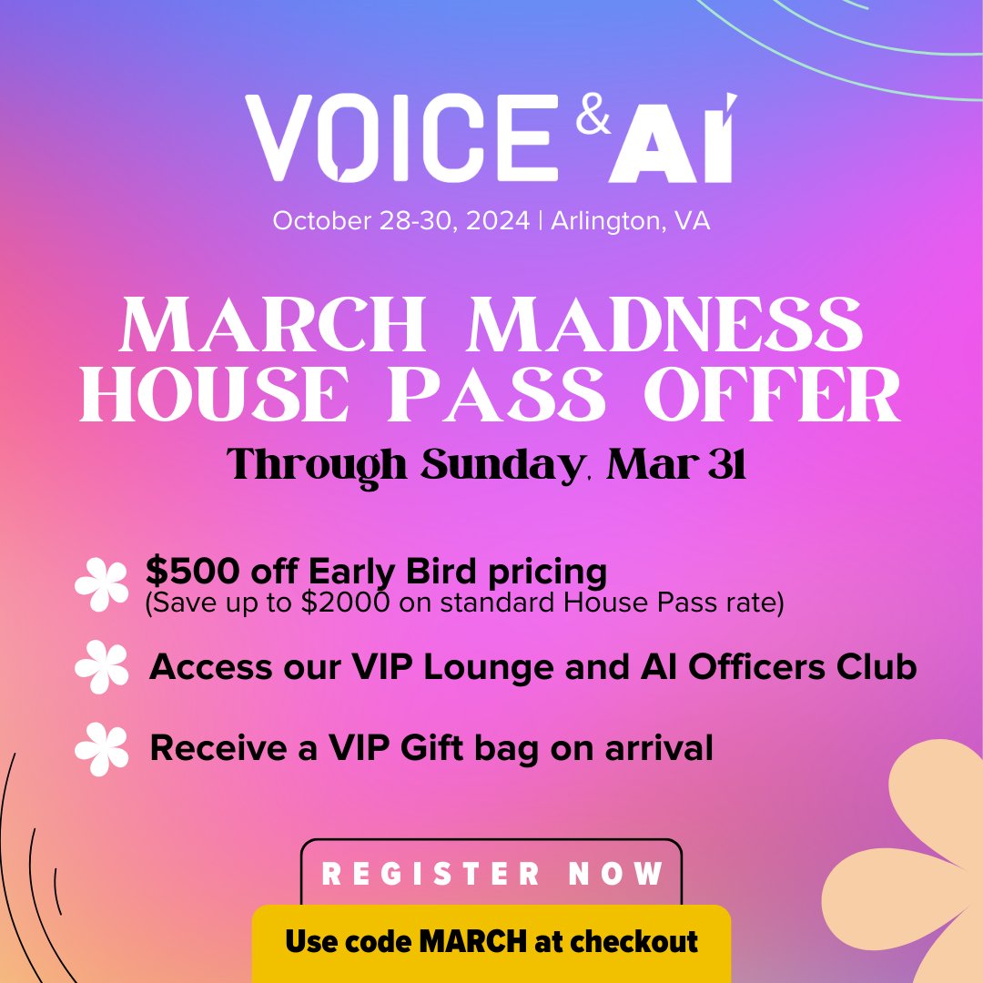 Are you planning on coming to VOICE & AI this October? Get your ticket today and get this March Madness House Pass Offer, along with access to all keynotes and Houses. See all benefits and get your ticket here: bit.ly/3VDK2Ps #VOICEandAI #GenAI #TechEvent