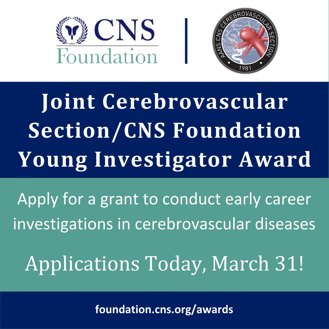 Applications are closing TODAY, March 31 for the Joint Cerebrovascular Section/CNSF Young Investigator Award! If you are an early-career cerebrovascular neurosurgeon, don't miss this exciting opportunity to fund your research: bit.ly/3SSQi36 #CNSF #scholarship