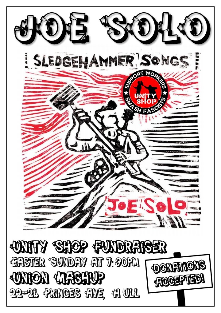 My Sledgehammer Tour lands in Hull tonight. I'll be on stage at @UnionMashUp tonight at 8.15pm sharp. Doors are 7.30pm. Entry by donation, with all money from door and merch sales going to @UnityShopHull to keep the food parcels flowing. Be good to have your company ✊️