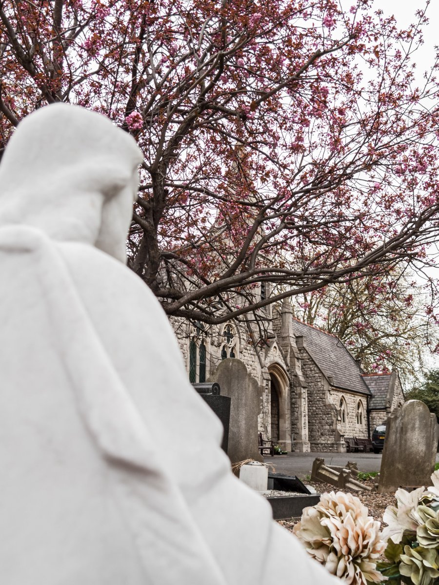 Happy Easter - Queen's Road Cemetery #Walthamstow: chapels, trees in flower and an angel