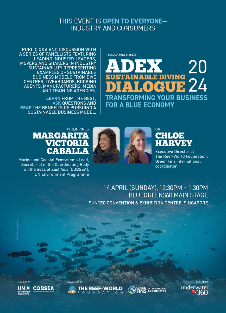 Join us at ADEX - Sustainable Diving Dialouge: Transforming Your Business For A Blue Economy 🙌 @UNEP_COBSEA @UNEP 🗓️ 14 April (Sunday), 12:30PM - 1:30PM 📍 Suntec Convention & Exhibition Centre, Singapore For more information, pls visit: adex.asia