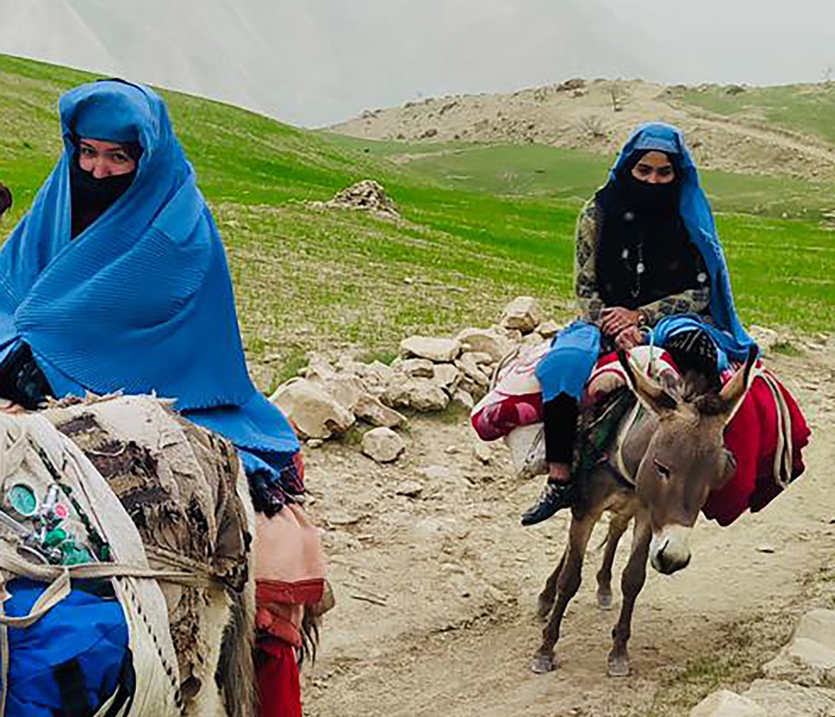 Going the extra mile to deliver for women & girls: A midwife and a psychosocial counsellor from a UNFPA-supported mobile health team ride donkeys to reach flood-affected areas in Badghis province to provide maternal health & psychosocial services and deliver emergency kits 📷ORCD