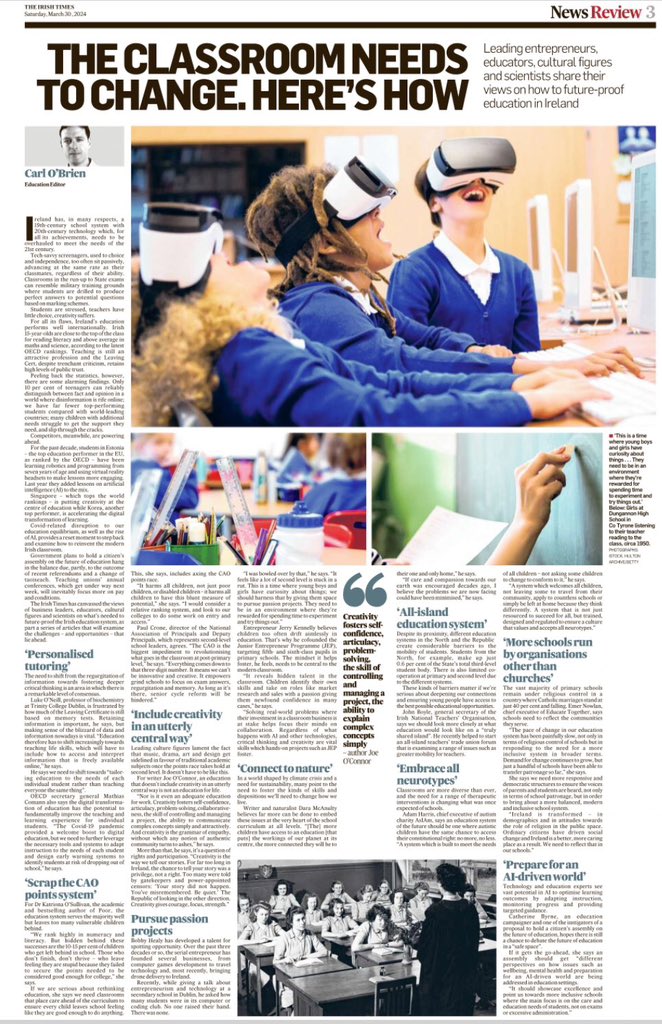 Agreed. Creativity needs to be fostered &amp; nurtured in classrooms. Where we get the care piece right for our young people, achievement &amp; success will follow. Well done <a href="/carlobrien/">carlobrien</a> on this article. Unfortunately we’ve been down this road before. The CAO system is flawed.