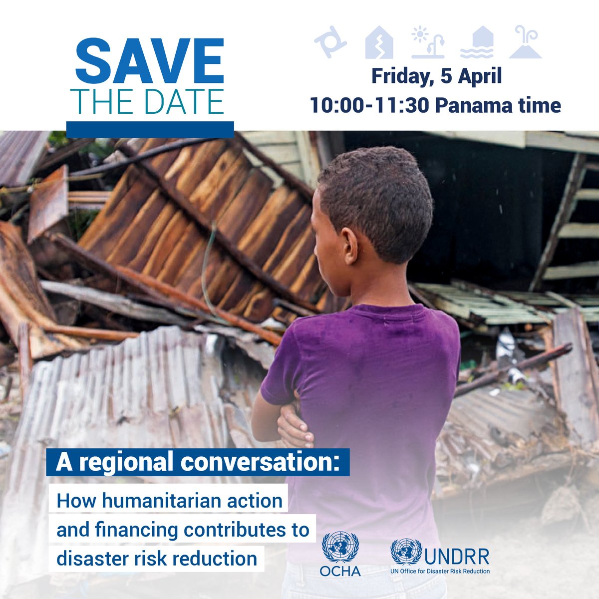 UNDRR_Americas's tweet photo. 📆#SaveTheDate. Next week, 5th of April at 10 am (Panama Time), join the regional conversation to discover how humanitarian action and financing contributes to disaster risk reduction.
Register here➡https://t.co/PiUaPVHAUR
Password ➡137518

@UNOCHA_Americas @UNOCHA https://t.co/GBID0ZWyd6