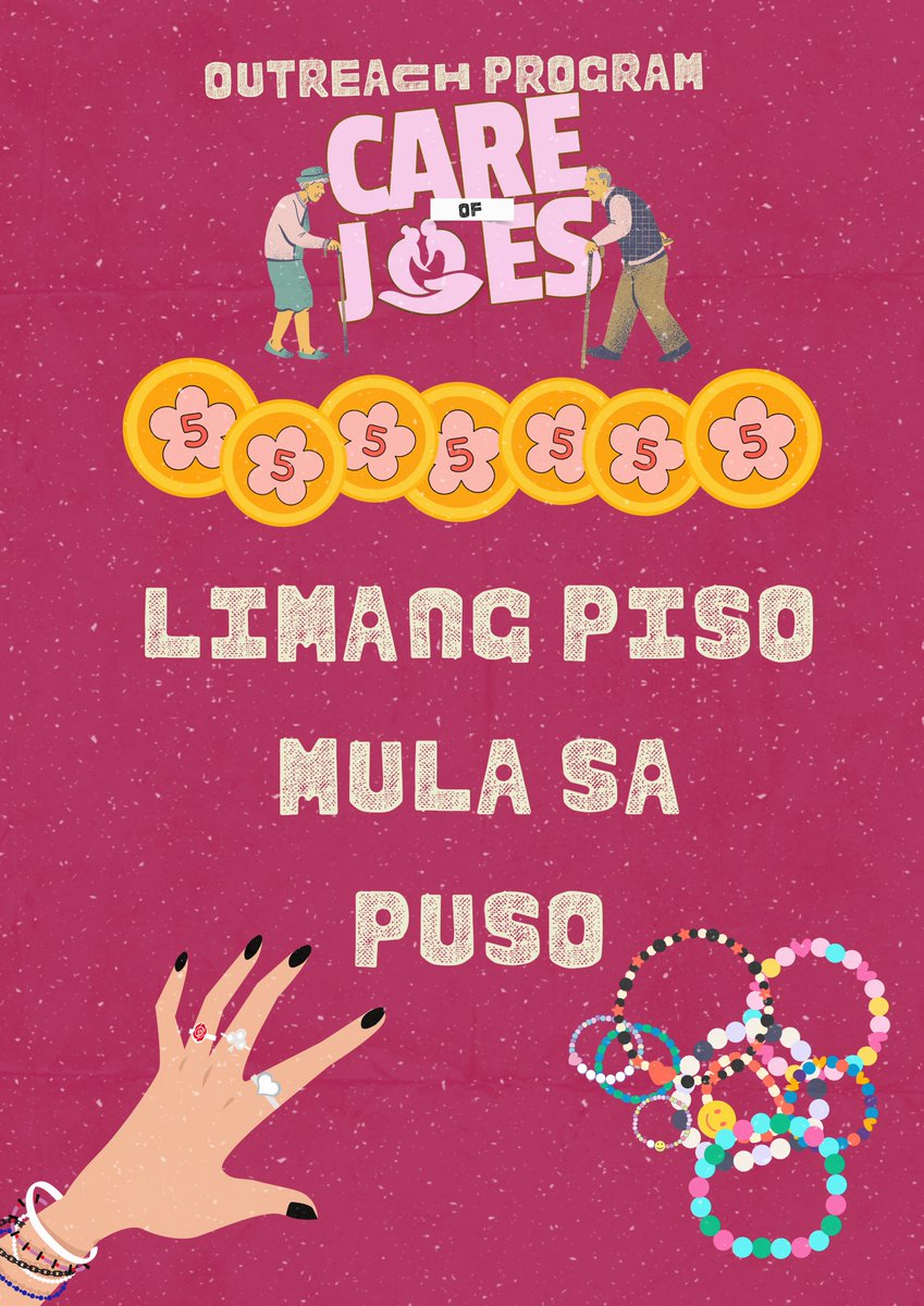 careofjoes's tweet photo. Hello! We're excited to announce our "Limang Piso Mula sa Puso" fundraising event, where you can donate a minimum amount of 5 pesos. You'll receive a random piece of beaded rings or bracelets in return. Rest assured, 100% of your donation will go towards the Care of Joes 💜 https://t.co/Y1SV2BLs76