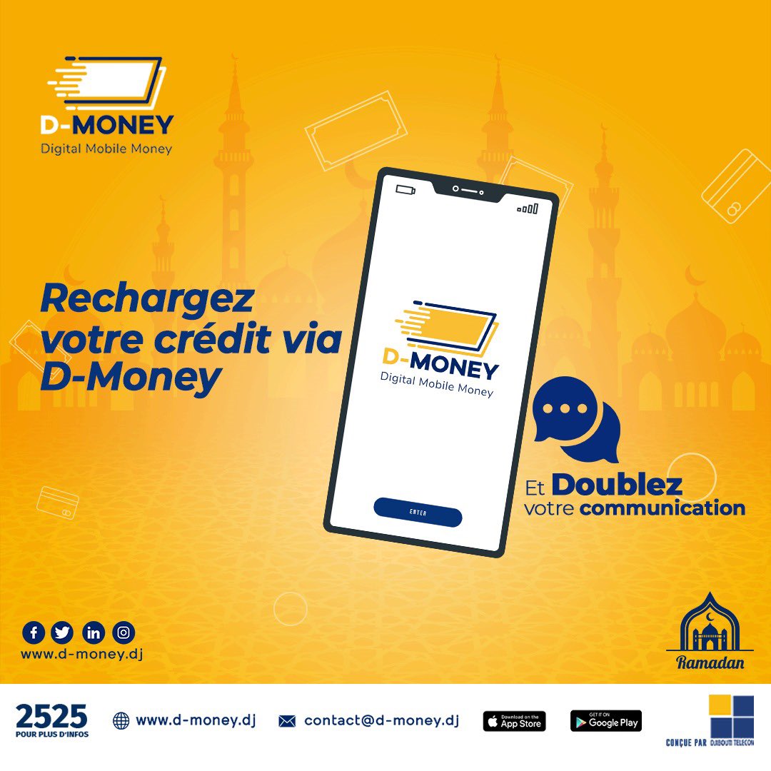 djiboutimoney's tweet photo. Doublez la mise, la magie continue pour le mois de Ramadan ! 🌙✨
Rechargez votre crédit téléphonique avec D-Money et obtenez un bonus de 100% pour chaque recharge. 💯
Profitez-en, doublez votre crédit pour rester connecté !
#RamadanKareem #DoubleBonus https://t.co/gvHoZjxoCL
