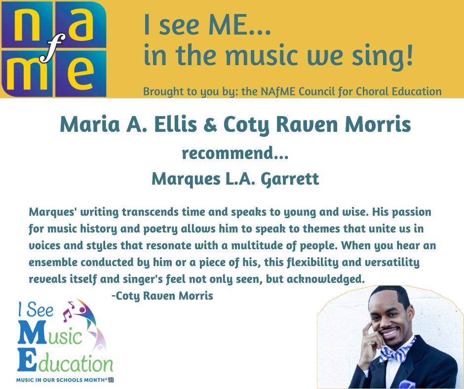 NAfME's tweet photo. The NAfME Council for Choral Education is celebrating #MIOSM with “I See ME… in the music we sing!” a series of choral repertoire and composer recommendations #MusicIsMe https://t.co/AnTKuzlWH5