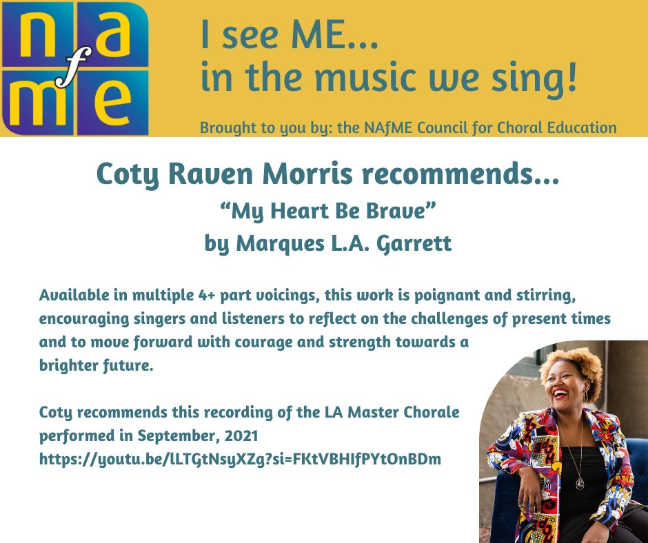NAfME's tweet photo. The NAfME Council for Choral Education is celebrating #MIOSM with “I See ME… in the music we sing!” a series of choral repertoire and composer recommendations #MusicIsMe https://t.co/AnTKuzlWH5
